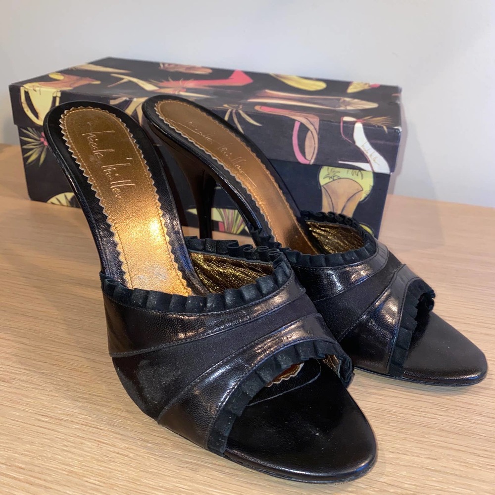 Black Open-Toe Nicole Miller Ruffle Heels Size 10